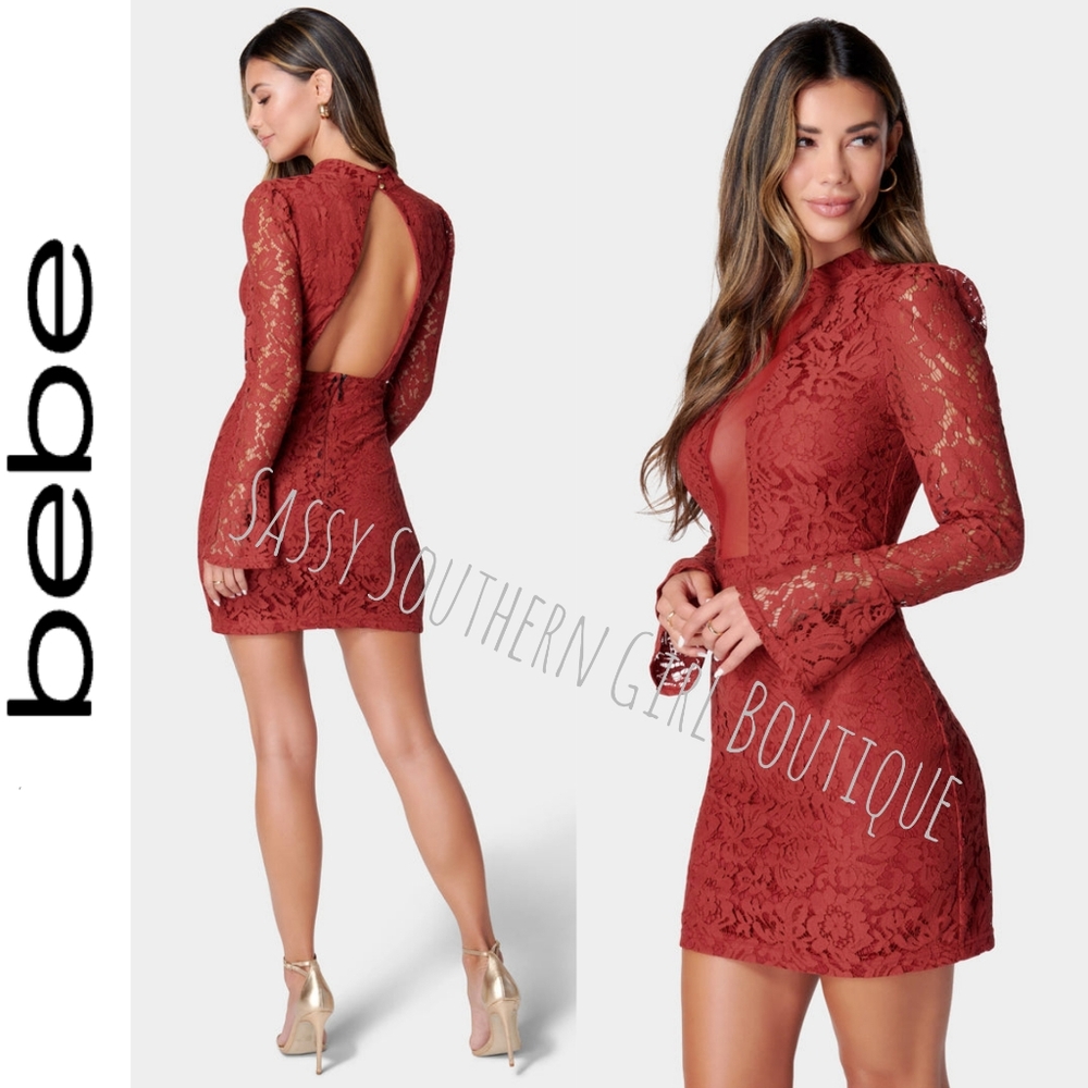 🆕⭐ Bebe Brick Red Lace Mini Dress